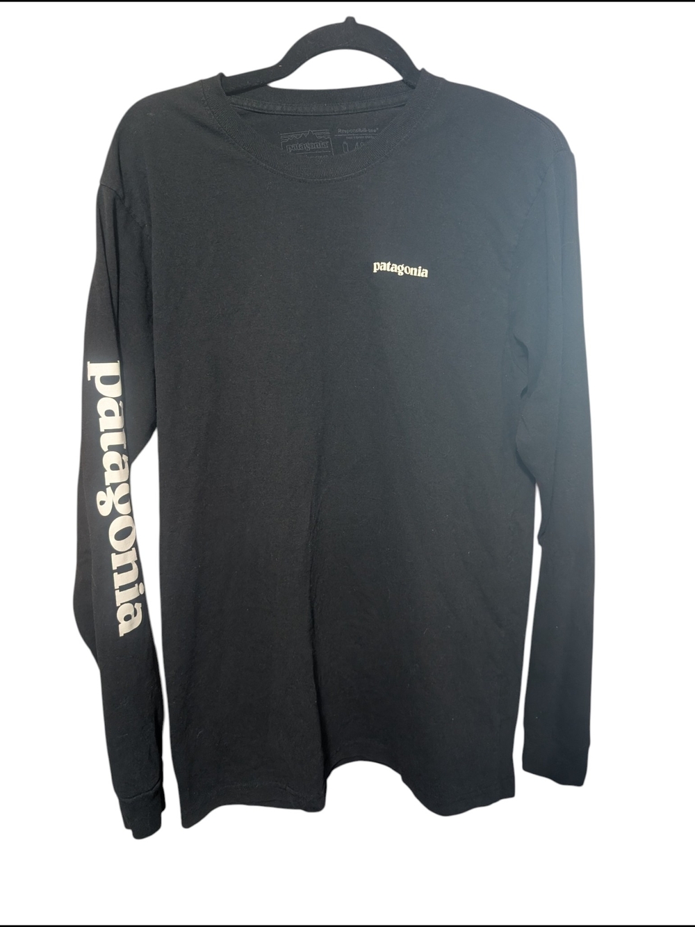 Patagonia Black Long Sleeve Logo Tee with Sleeve Wordmark
